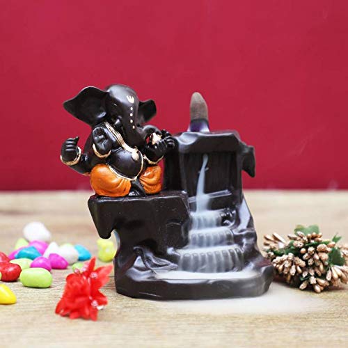 Craftam Polyresin Big Size Ganesha, Ganpati Deva Smoke Backflow Fountain Incense Holder with 10 Backflow Incense Cones (Big Size :10X8X12.5 cm, Orange) - Image 3