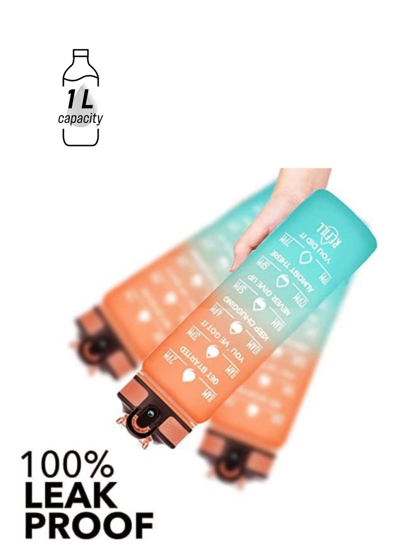 Motivational Large Water Bottle 1L Tritan Plastic Water Bottle With Time Markers, Leak Proof Water Bottle For Kids, School Water Bottles (Orange and Blue)) - Image 1
