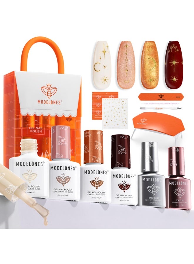 modelones Modelones Gel Nail Polish Kit with U V Light, Milky White Nude Glitter Pink Red Gold Metallic Manicure Set with Base Top Coat Star Stickers 4 Colors Gel Mini Salon Nail Art Starter Gift for Women Girl - Image 1