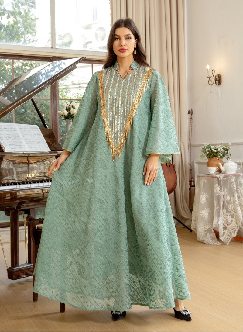 Arab Dubai Mesh Sequins Embroidery Evening Robe For Women Jalabiyat Muslim Casual Loose Long Sleeve Clothing  - Image 1