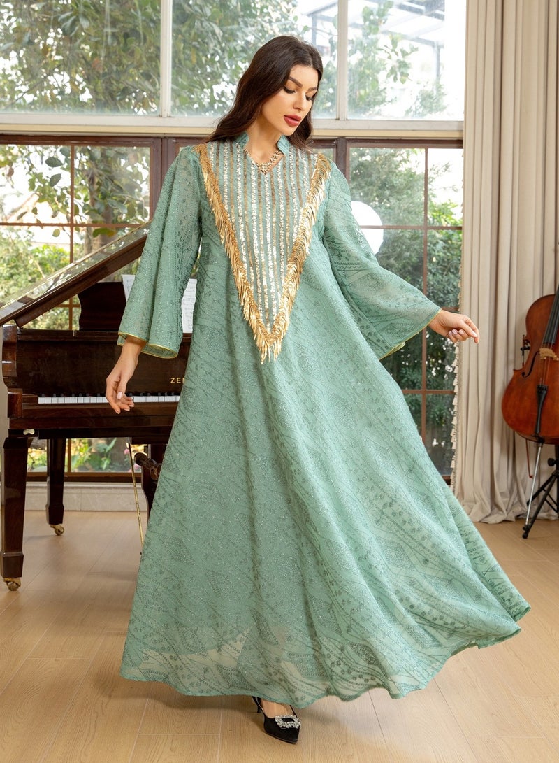 Arab Dubai Mesh Sequins Embroidery Evening Robe For Women Jalabiyat Muslim Casual Loose Long Sleeve Clothing  - Image 3