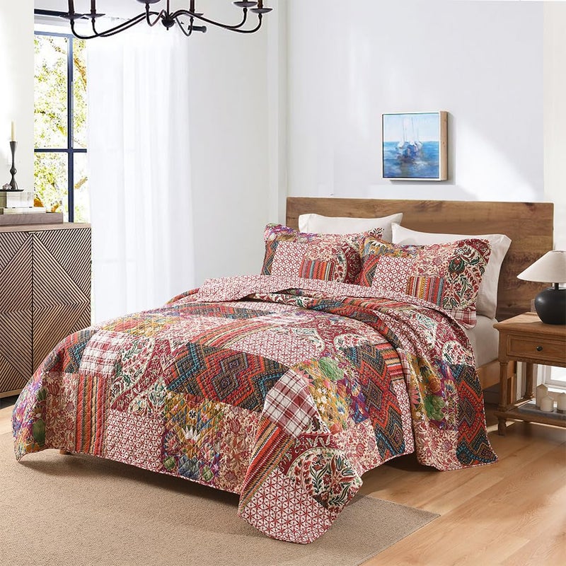 VISIMISI Cotton Bedspread Quilt Sets Reversible Bedding Coverlet Sets 3 Pieces Gorgeous Vintage Damask Red Patchwork Bedspread, Queen Size - Image 1