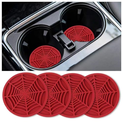 Salior 4PCS Silicone Car CoastersUnique Spider Web NonSlip Car Cup Holder Coaster Car Interior AccessoriesUniversal 275 Inch Car Drink Coaster for Women Men Red - Image 1