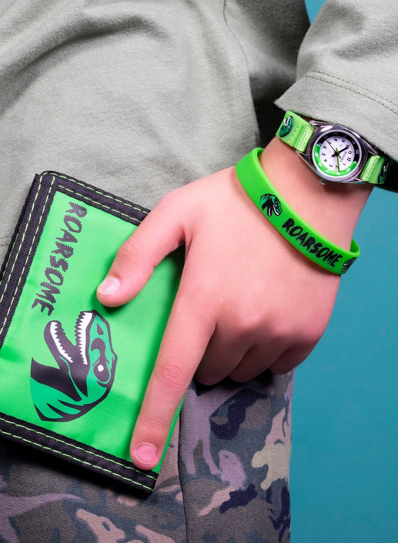 Tikkers Tikkers Boys Green Canvas Rip Strap Dinosaur Watch, Bracelet, & Wallet Set - ATK1049 - Image 3