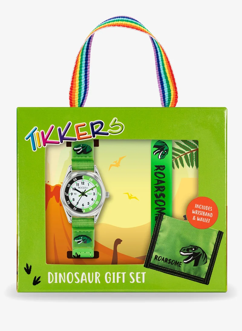 Tikkers  Tikkers Boys Green Canvas Rip Strap Dinosaur Watch, Bracelet, & Wallet Set - ATK1049 for Women | Best Price UAE