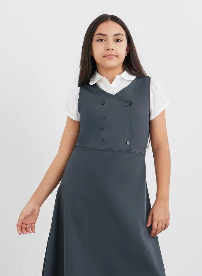 Styli Styli Girls Grey V Neck Button Detail Pinafore Dress
