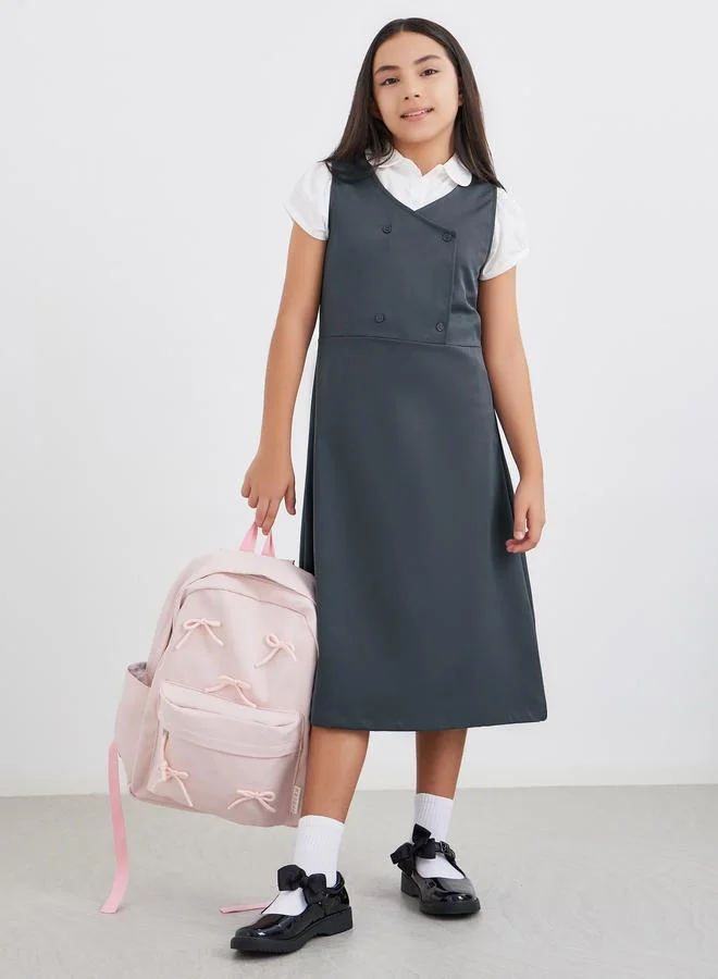 Styli Styli Girls School Uniform Grey V Neck Button Detail Pinafore Dress