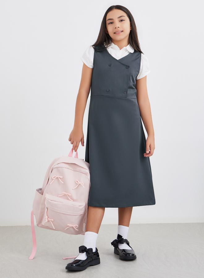 ستايلي فستان مريلة للبنات بتفاصيل أزرار ورقبة على شكل  باللون الرمادي - Image 1