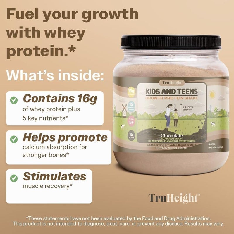 TruHeight Growth Protein Shake (Chocolate Milk Flavor, Whey) Natural Growth & Development Protein Powder for Kids & Teens - Weight Gain Drinks - Endorsed by Pediatricians, Picky Eater Vitamin, Ages 4+ - Image 3
