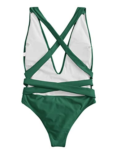 Lilosy Sexy Lace Up Plunge Neck Backless High Waisted Low Cut Leg Rise Thong Cheeky Brazilian 1 Piece Bikini Swimsuit Women Back Bathing Suit Tie Criss Cross Monokini Dark Green Medium - Image 4