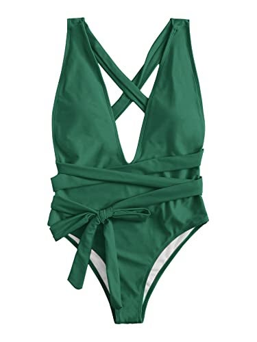Lilosy Sexy Lace Up Plunge Neck Backless High Waisted Low Cut Leg Rise Thong Cheeky Brazilian 1 Piece Bikini Swimsuit Women Back Bathing Suit Tie Criss Cross Monokini Dark Green Medium - Image 3