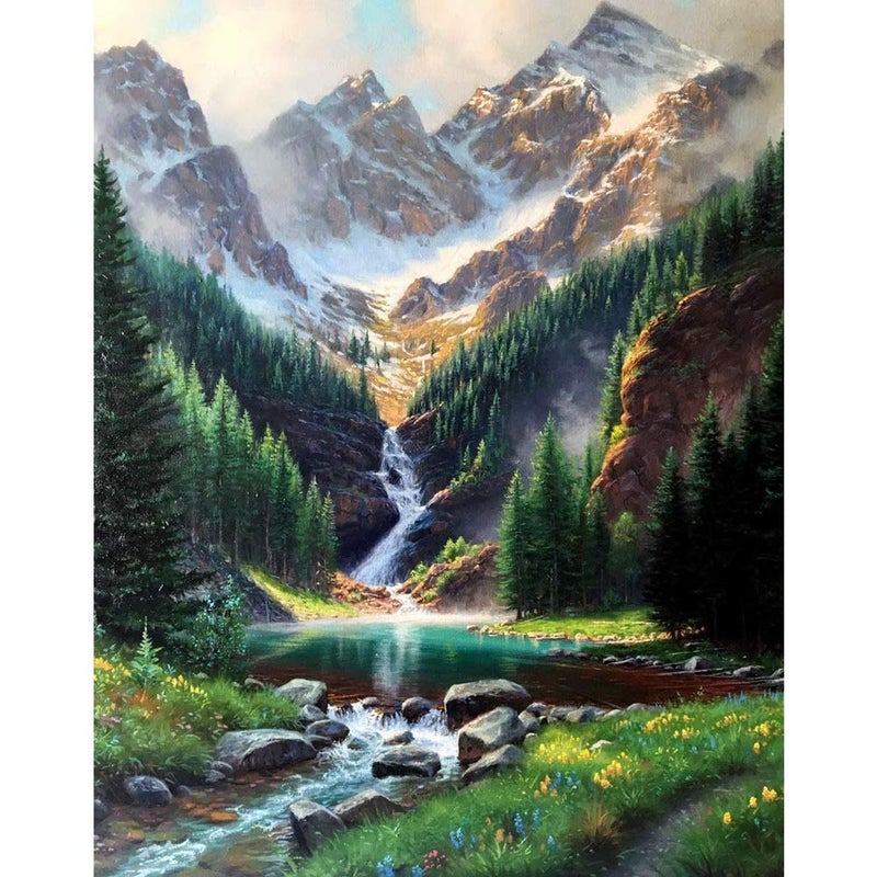 رسم بالأرقام شلالات الجبال لوحة فنية على قماش مع فرشاة وألوان أكريليك مثالية لرسم بالأرقام للبالغين والأطفال والطلاب المبتدئين لتزيين جدران المنزل 16x20 بوصة