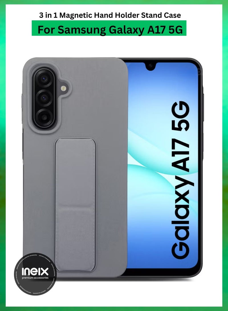 3-in-1 Magnetic Back Cover for Samsung Galaxy A17 5G, Finger Grip Soft Cover,Stand Holder TPU Case,Kickstand-Grey