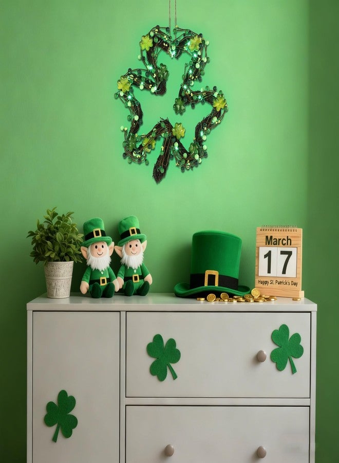 دكتور دودو زينة أكاليل عيد القديس باتريك من دكتور دودو، أكاليل شامروك مقاس 14 بوصة للباب الأمامي مع أضواء LED على شكل نفل أخضر، ديكور عيد القديس باتريك لفصل الربيع، جدار المنزل الخارجي، النافذة - Image 4