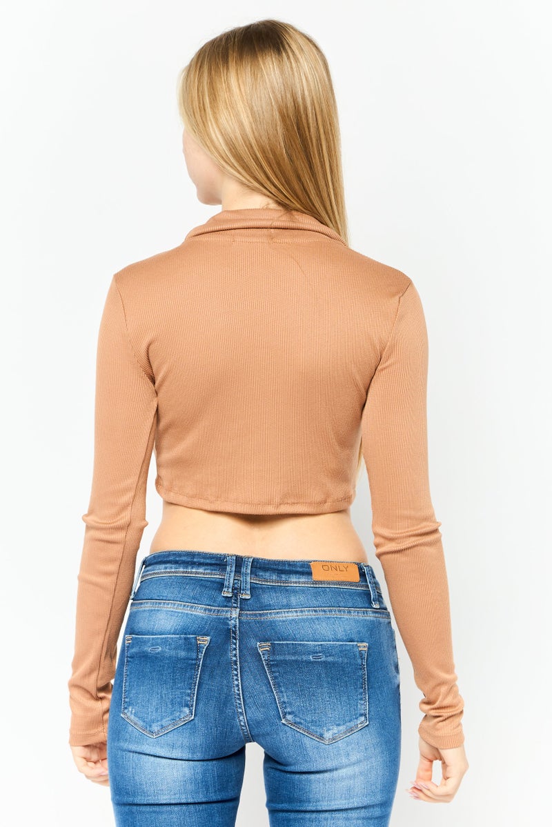 POOF Women Spread Collar Long Sleeve Ribbed Crop Top, Brown - Image 2