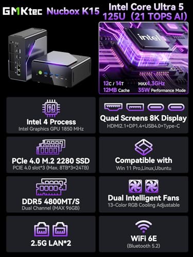 GMKtec K15 كمبيوتر مصغر AI Ultra 5 125U (حتى 4.3GHz) 32GB DDR5 (16GB*2) 1TB PCIe 4.0 SSD كمبيوتر ألعاب مصغر، 3X فتحات توسيع M.2، Oculink، شاشة رباعية 8K - Image 2