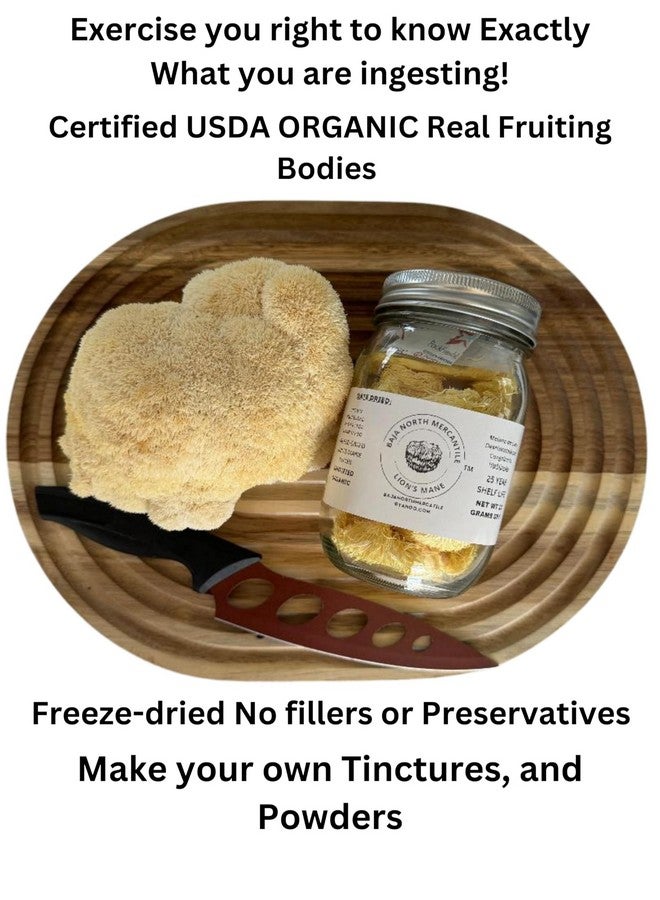 Freeze-Dried Lion's Mane Mushroom Fruiting Bodies | Can be rehydrated and cooked or used as supplement | Make into tincture, tea or powder | Grown in U.S.A | USDA Organic | in Vacuume Sealed Jar | 25 Year Shelf-Life - Image 2
