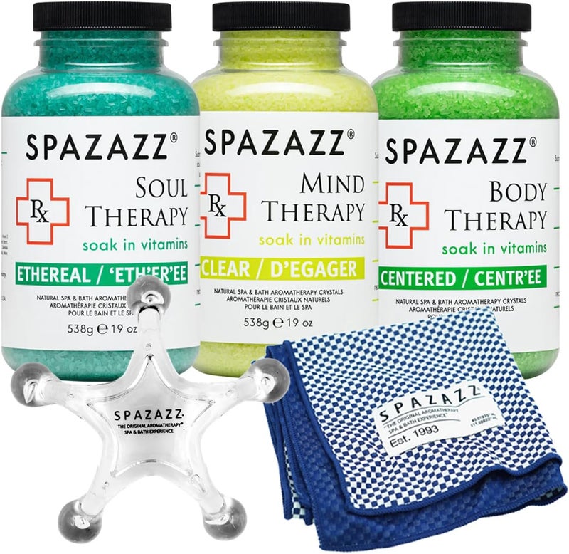 RX Therapy Spa and Hot Tub Aromatherapy Scented Relaxation Bath Salt Crystals  Mind Body and Soul Bundle Gift Set 19 Oz Includes 5 Point Full Body Massage Tool  Hot Cold Towel 19OZ 3 Pack