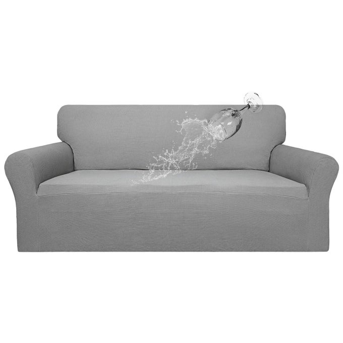 EASYGOING 100 WATERPROOF COUCH COVER DUAL WATERPROOF SOFA COVER STRETCH JACQUARD SOFA SLIPCOVER LEAKPROOF FURNITURE PROTECTOR FOR KIDS PETS DOG AND CAT SOFA LIGHT GRAY