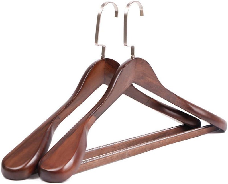 Rollyware® Extra Wide Shoulder Anti Slip Technology Dark Brown Wooden Coat Hangers Retro Finish, Solid Wood Coat Hangers, Glossy Finish with Extra Thick Chrome Hooks Pack of 1 - Image 1