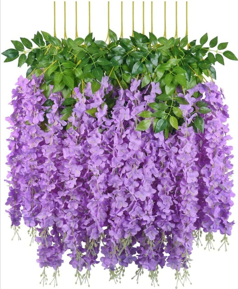 VRB Dec Pack of 12 (43.2Ft) Artificial Wisteria Vine| Ratta Fake Wisteria Hanging | Garland Silk Long Hanging Bush Flowers String for Home Party Wedding Decor (Dotted Purple, 12) - Image 1