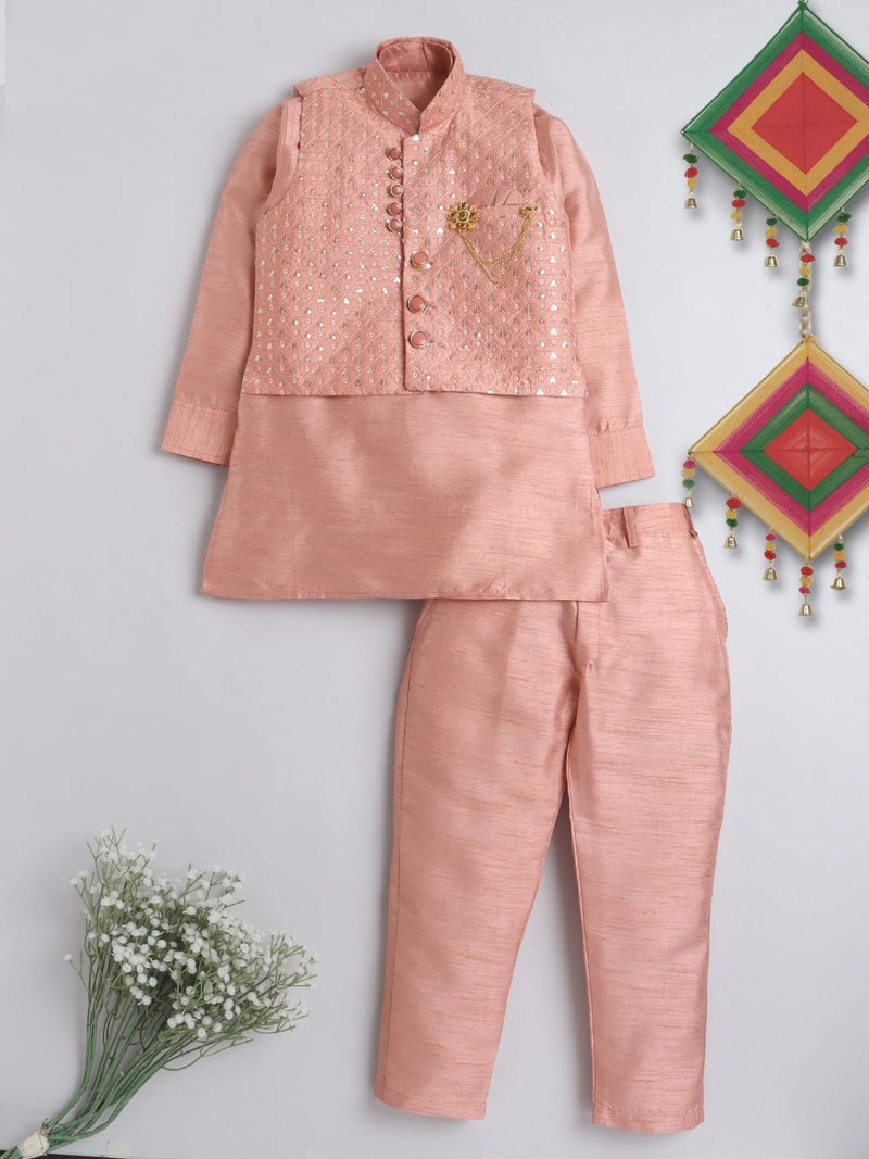 AHHAAAA Kids Ethnic Cotton Silk Blend Nehru Modi Jacket Kurta & Pyjama Set for Boys 8104 (8-9 Years, Orange) - Image 2