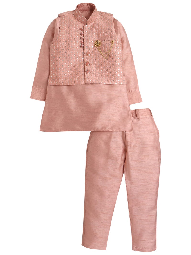 AHHAAAA Kids Ethnic Cotton Silk Blend Nehru Modi Jacket Kurta & Pyjama Set for Boys 8104 (8-9 Years, Orange) - Image 1