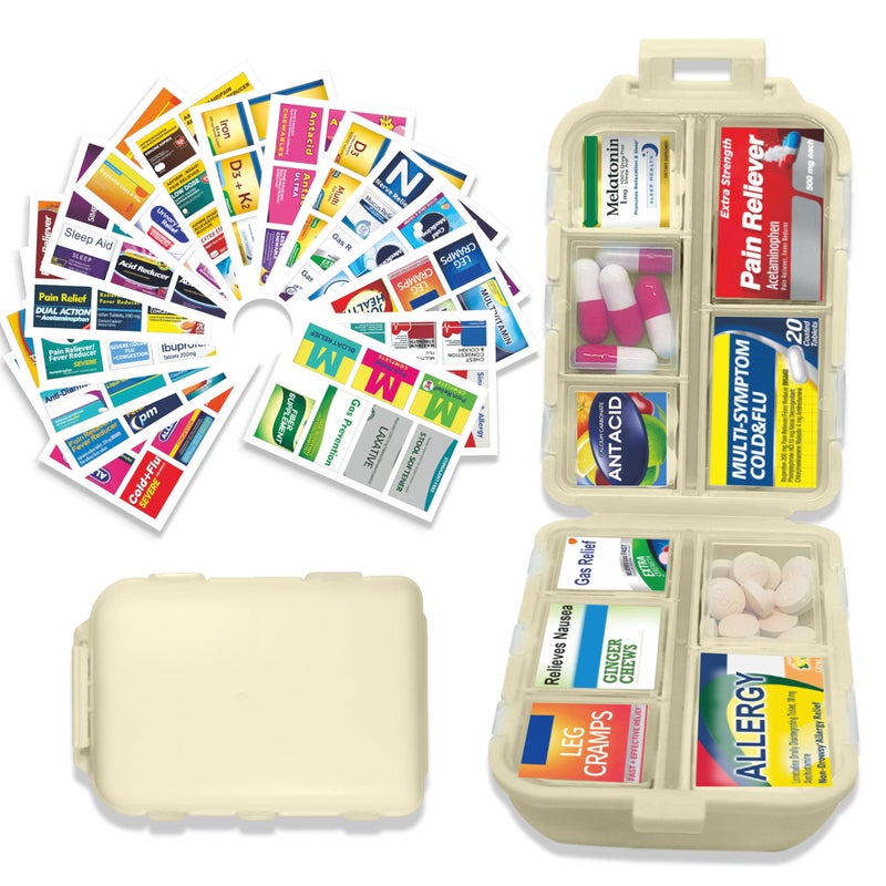 YIXIAN Pill Organizer with Medicine Labels 146 Labels Travel Daily Pill Container Mini Medication Organizer Storage Pill Organizer Travel Essentials Pill Case 7 Day (Beige, 1 Pack(Large)) - Image 1
