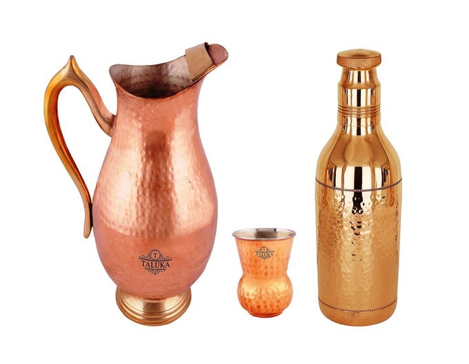 COPPER HANDMADE PITCHER JUG 2000 ML DRINKING WATER STORAGE JUG WITH 1 COPPER STEEL ROPUND BOTTOM GLASS 1 BOTTLE 1700 ML FOR HEALTH BENEFITS