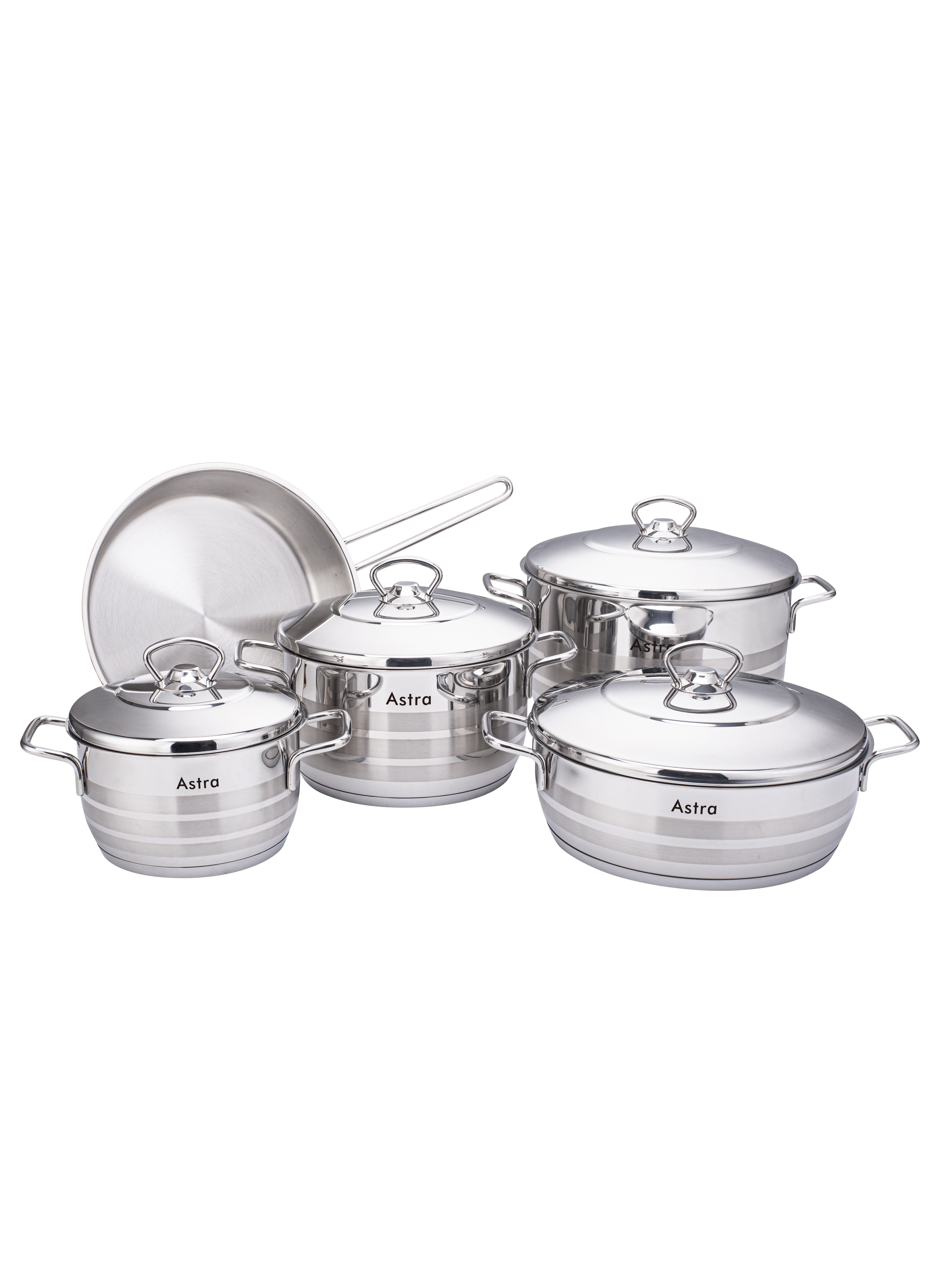 Astra 9-Piece Astra Cookware Set - 18/10 Cr-Ni Stainless Steel - 3 Deep Pots - 1 Low Pot - 1 Frypan 