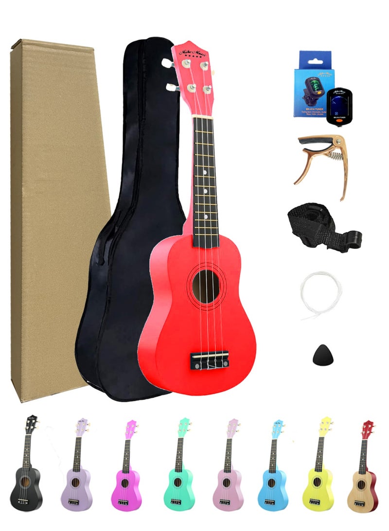 Mike Music Beginner Ukulele Set for Kids Adults 21 inch Ukuleles Starter Kit Hawaii Mini Guitars for Students Small Guitar Ukulele with Gig Bag, Digital Tuner, Capo, Belt, 1 Spare String and Pick (Red)  - Image 1