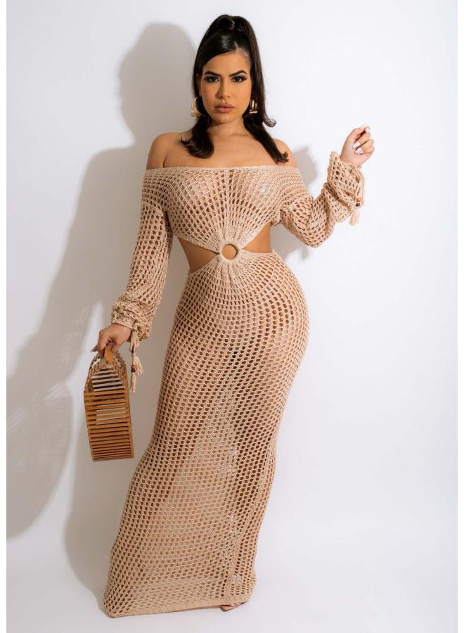 Aj4382 European And American Women's Dress Fashion Sunscreen Blouse Beach Long Dress Knitted Deep V Dress 