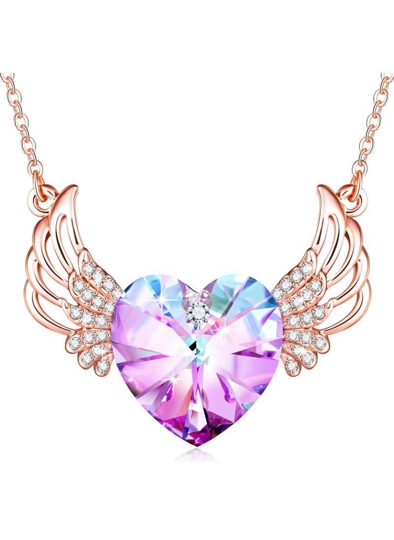 PLATO H PLATO H Women Alloy Angel Wing Heart Necklace Amethyst Pink Crystals for Mom Pendant Jewelry Fashion Guardian Angel Pendant Mothers Day Gifts for her  - Image 1