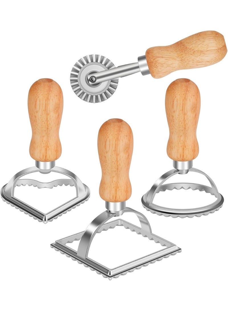 سوفام 4 قطعة رافيولي صانع الطوابع القاطع مع عجلة رولر، مقبض خشبي و حافة منحنية، لرافيولي، المعكرونة، الفطائر اللازانيا - Image 1