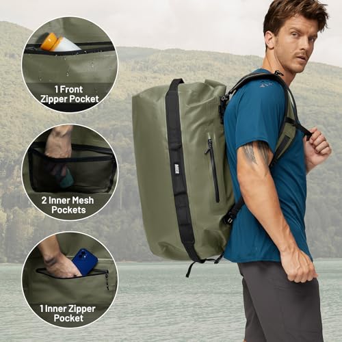 MIER Large Waterproof Duffel Bag Rolltop Dry Backpack Duffle Bags for Kayaking, Rafting, Boating, Swimming, Camping, Travel, Gym, Beach, 60L, Army Green - Image 3