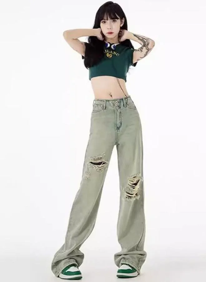 يونيكي Green Straight Fit High-Rise Highly Distressed Light Fade Jeans