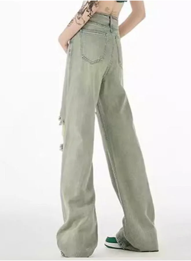 YUNIQEE Green Straight Fit High-Rise Highly Distressed Light Fade Jeans
