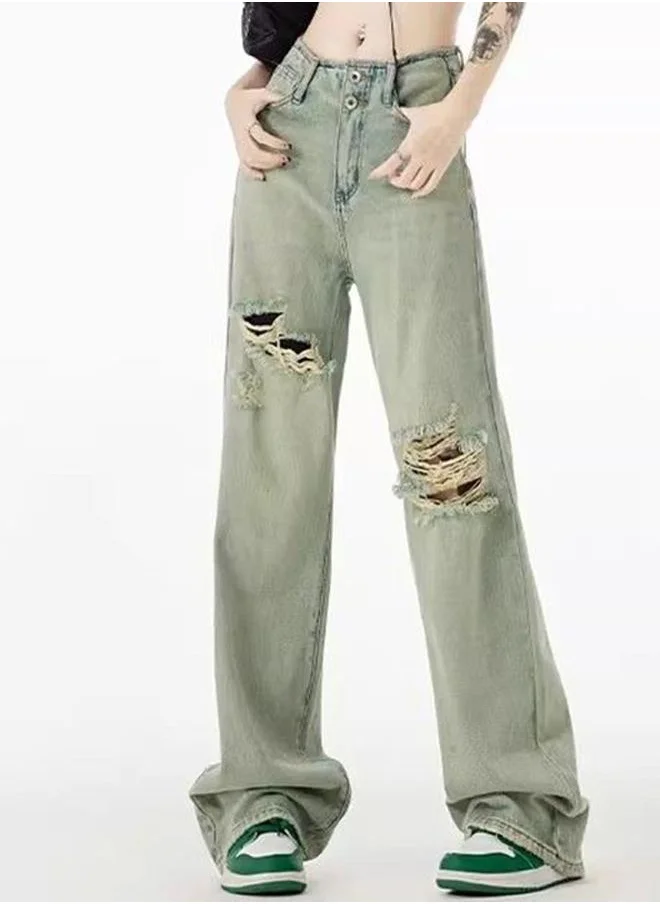 YUNIQEE Green Straight Fit High-Rise Highly Distressed Light Fade Jeans