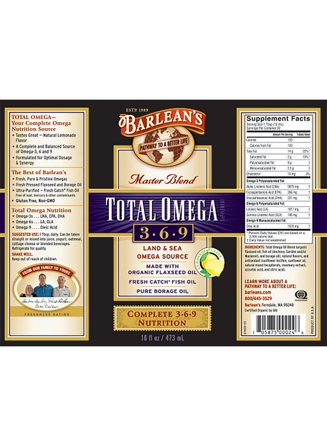 BARLEAN'S Total Omega 3 6 9 Liquid Fish Oil Supplement With Borage And Flaxseed Oil 6468 Mg Of Omegas Epa Dha Ala And Gla For Joint And Heart Health 16 Oz - Image 4
