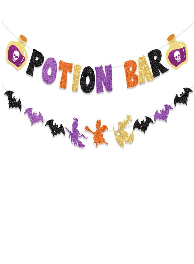 لافتة ديكور الهالوين من FHGG Glitter Potion Bar مع علامات الجرعات، لافتة Hocus Pocus، زينة حفلات الساحرة، ديكور جرعات الهالوين للمنزل المسكون، ديكورات الخفافيش، ديكور منزل الهالوين - Image 1