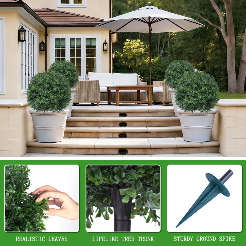 Yangrass 2Pcs Artificial Boxwood Topiary Ball Tree, UV Resistant Artificial Outdoor Shrubs with Spike, Decorative Evergreen Fake Topiary Bushes Plant for Front Porch Garden - Image 5