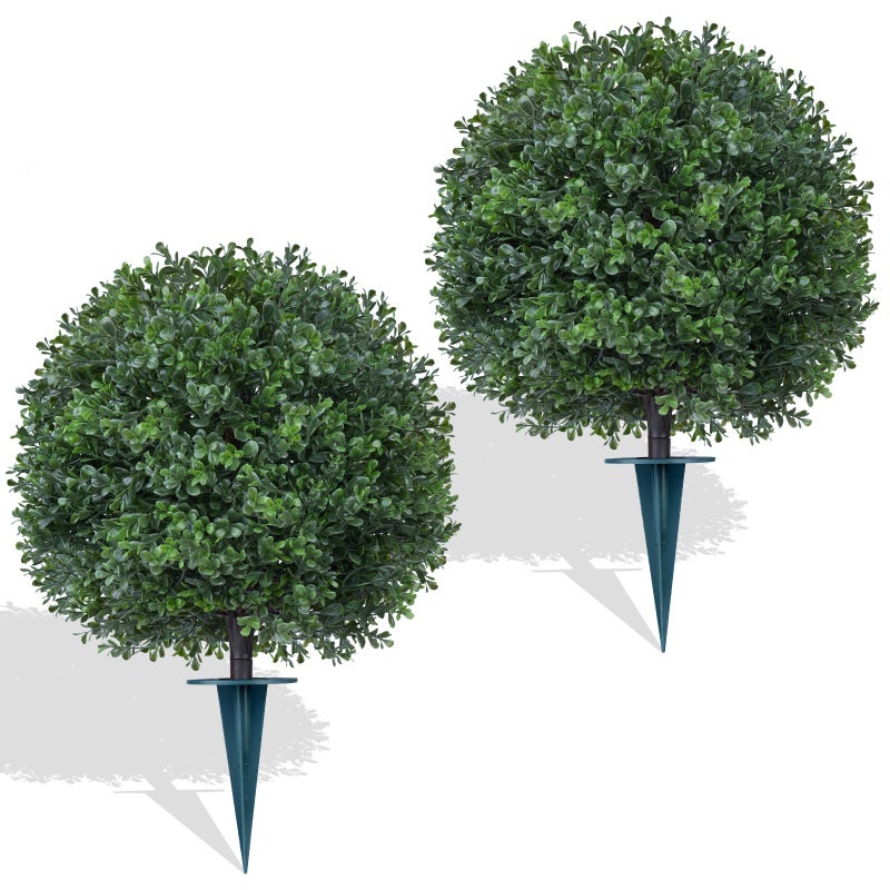 Yangrass 2Pcs Artificial Boxwood Topiary Ball Tree, UV Resistant Artificial Outdoor Shrubs with Spike, Decorative Evergreen Fake Topiary Bushes Plant for Front Porch Garden - Image 1