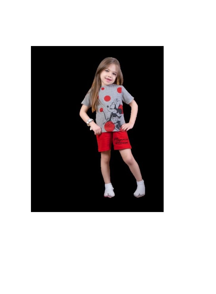 Pajamas for girls, two pieces, a T-shirt with a pattern, and a red short 