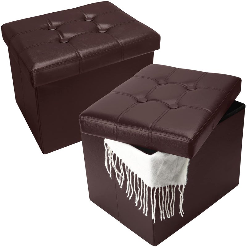 Bsketa 2PC Storage Ottoman Folding Foot Stool with Thicker Foam Padded Seat Small Leather Storage Ottoman Bench Foot Rest for Living Room Foldable Coffee Table 17x13x13inBrown
