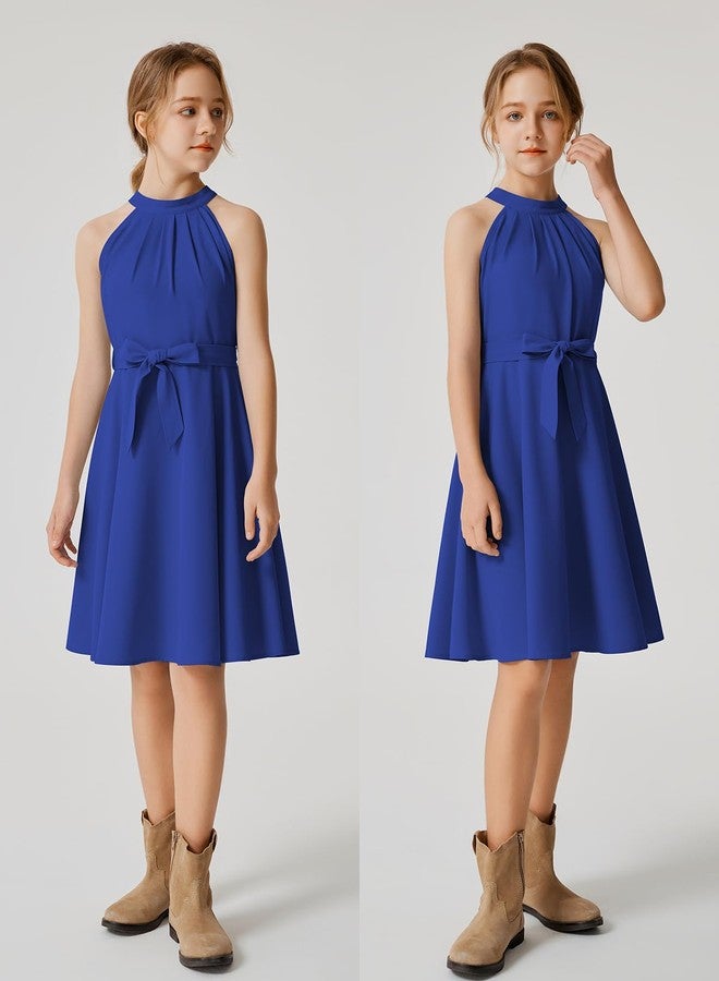 Quedoris Girls Halter Neck Pleated A-line Swing Flared Belted Casual Party Dress with Zipper, Bright Blue, 9-10 Years - Image 2