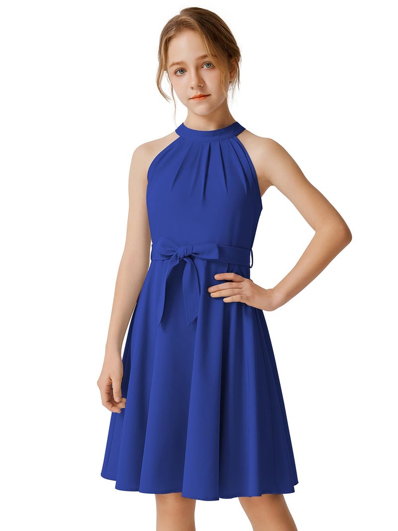 Quedoris Girls Halter Neck Pleated A-line Swing Flared Belted Casual Party Dress with Zipper, Bright Blue, 9-10 Years - Image 1