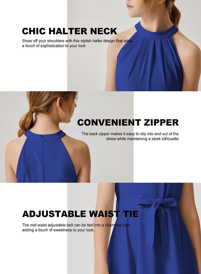 Quedoris Girls Halter Neck Pleated A-line Swing Flared Belted Casual Party Dress with Zipper, Bright Blue, 9-10 Years - Image 5