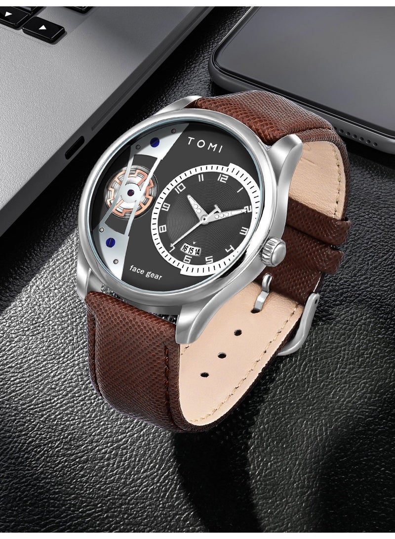 تومي تأتي ساعة TOMI New Series الرجالية الكوارتز مع حزامين جلديين أنيقين، وهي ساعة رجالية مقاومة للماء، بتصميم جديد رائج، ومينا أسود/علبة فضية. - Image 1