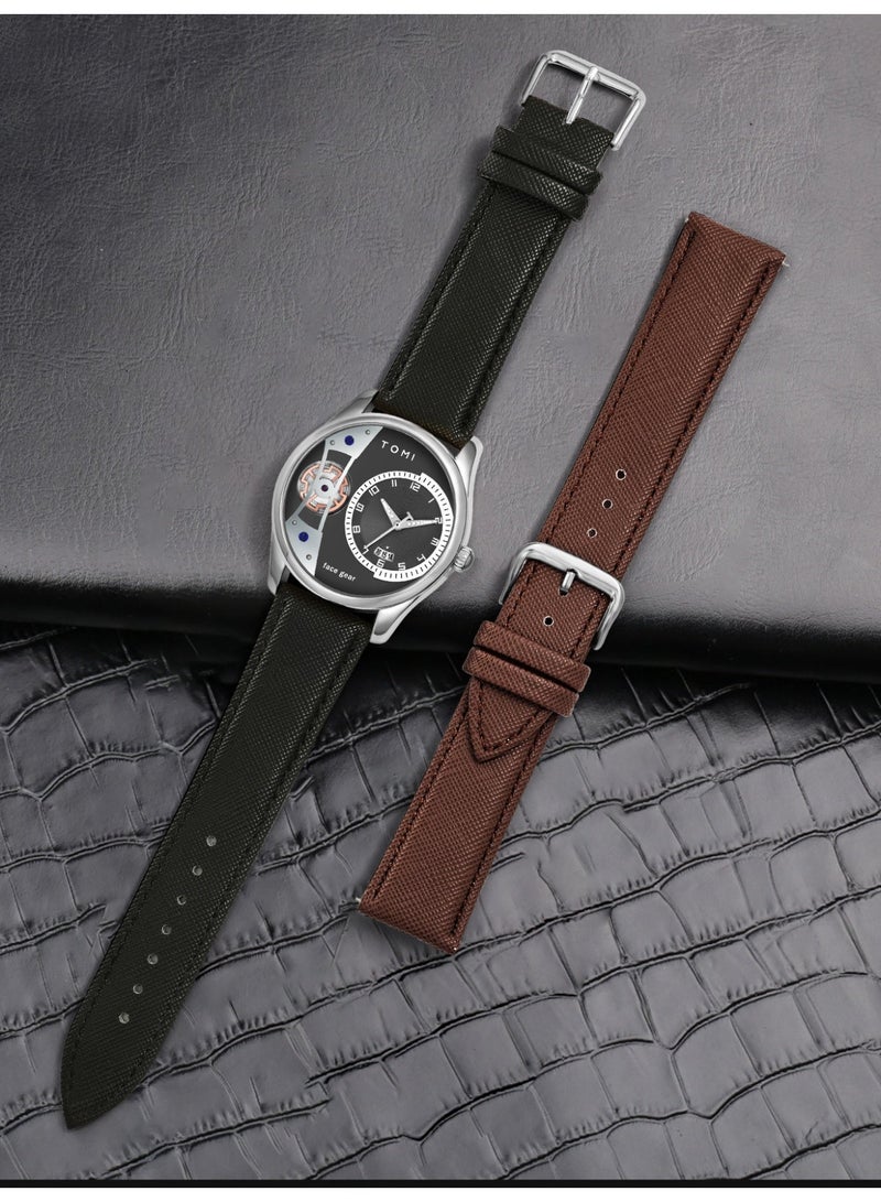 تومي تأتي ساعة TOMI New Series الرجالية الكوارتز مع حزامين جلديين أنيقين، وهي ساعة رجالية مقاومة للماء، بتصميم جديد رائج، ومينا أسود/علبة فضية. - Image 5