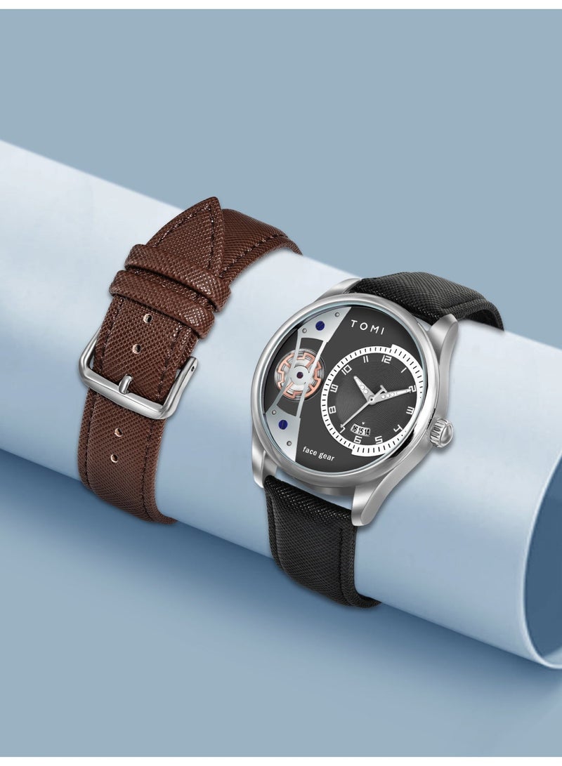 تومي تأتي ساعة TOMI New Series الرجالية الكوارتز مع حزامين جلديين أنيقين، وهي ساعة رجالية مقاومة للماء، بتصميم جديد رائج، ومينا أسود/علبة فضية. - Image 4